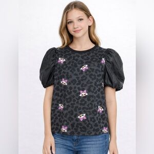 L.O.L. Surprise! Remix Leather Puff Sleeve T-Shirt Girls Sz XL 14/16 Black Gray